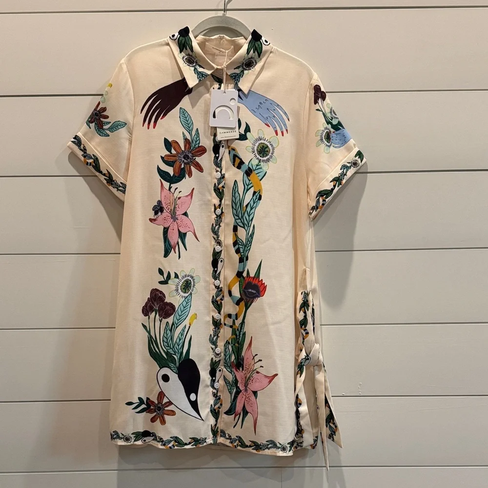 Commense Print Collared Belted Short Shirt Dress, Multicolored, NWT, Size M (6) - Picture 6 of 14